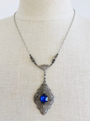 Czech Blue Lavalier Pendant Sterling Silver Filigree Necklace