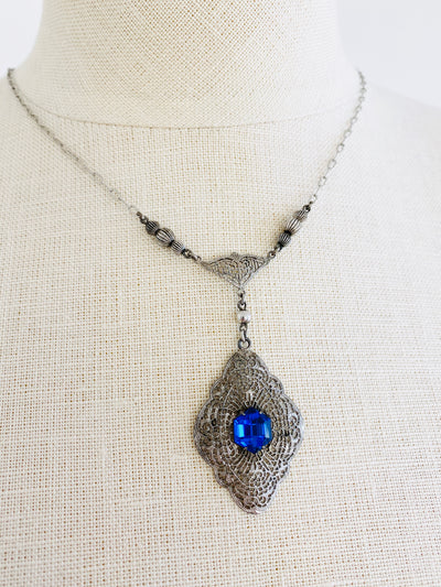 Czech Blue Lavalier Pendant Sterling Silver Filigree Necklace