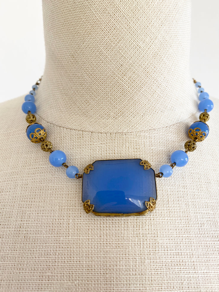 Czech Blue Glass Pendant Necklace