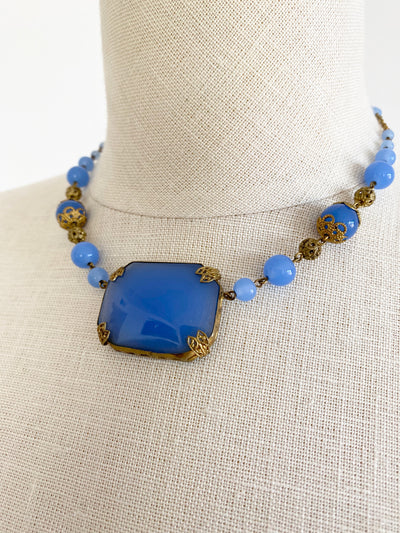 Czech Blue Glass Pendant Necklace