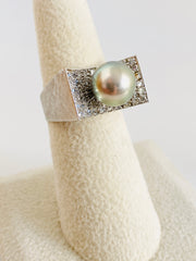 Platinum Pave Single Cut Diamond & Tahitian Pearl Cocktail Ring
