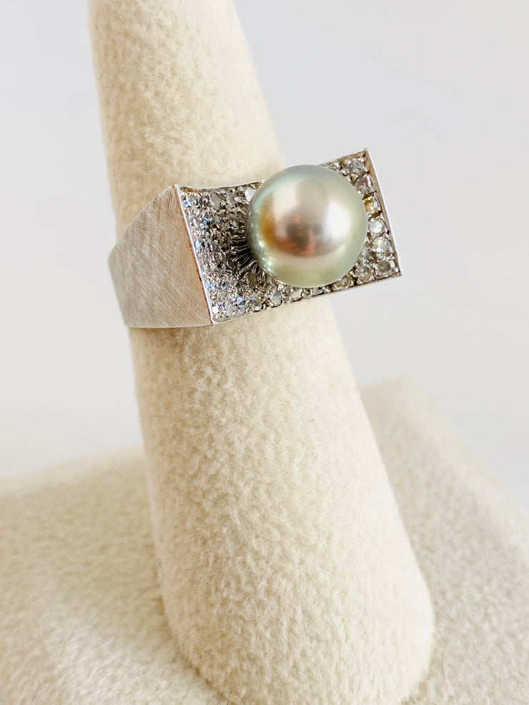 Platinum Pave Single Cut Diamond & Tahitian Pearl Cocktail Ring