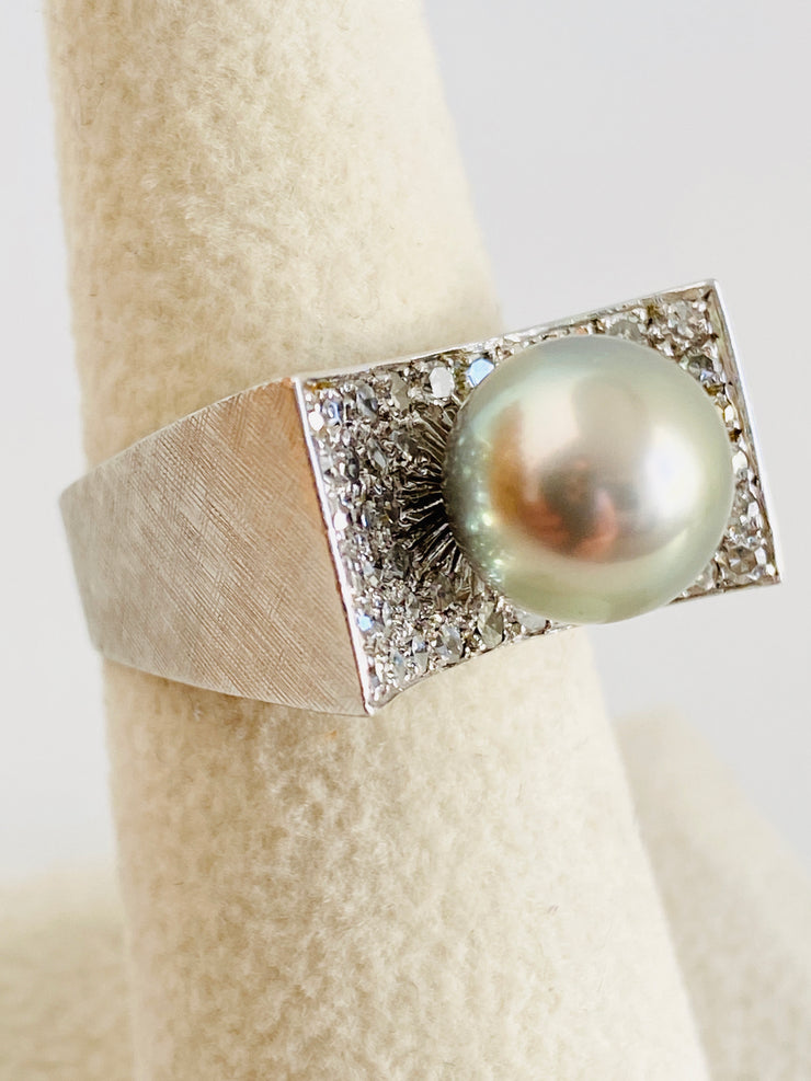 Platinum Pave Single Cut Diamond & Tahitian Pearl Cocktail Ring