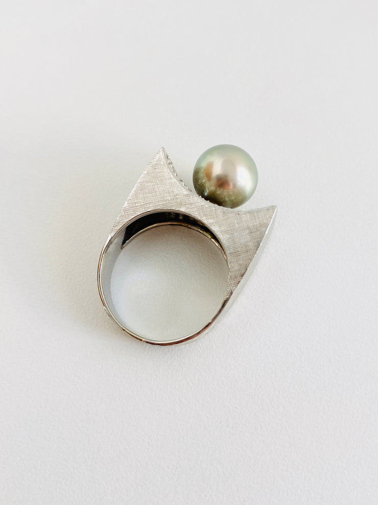 Platinum Pave Single Cut Diamond & Tahitian Pearl Cocktail Ring