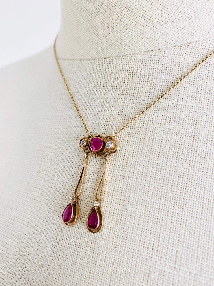 Art Nouveau 14kt Diamond & Synthetic Ruby Lavalier Necklace