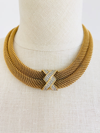 Gold Mesh Choker Rhinestone Necklace