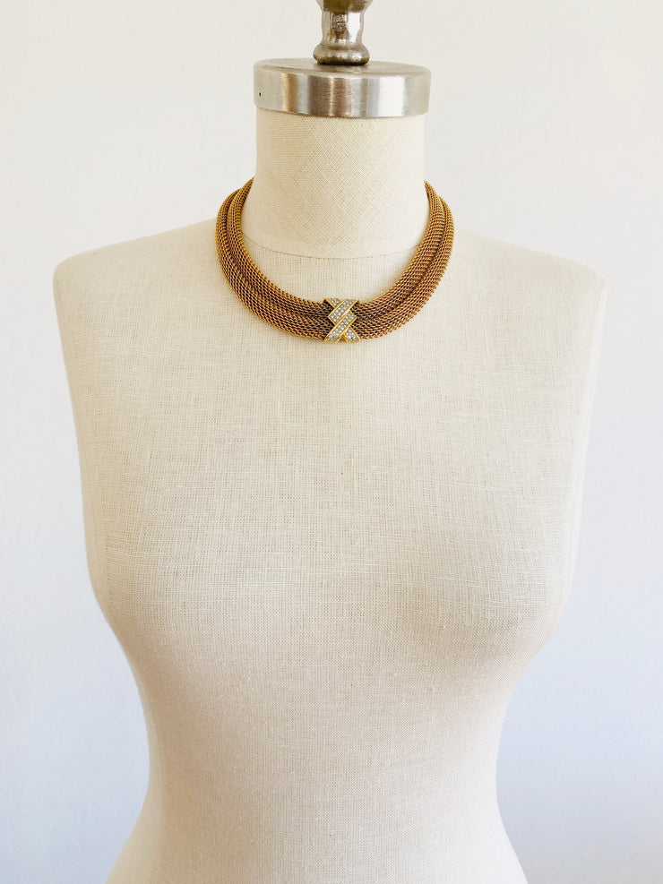 Gold Mesh Choker Rhinestone Necklace