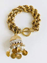 Double Chain Coin Charm Tassel Toggle Bracelet