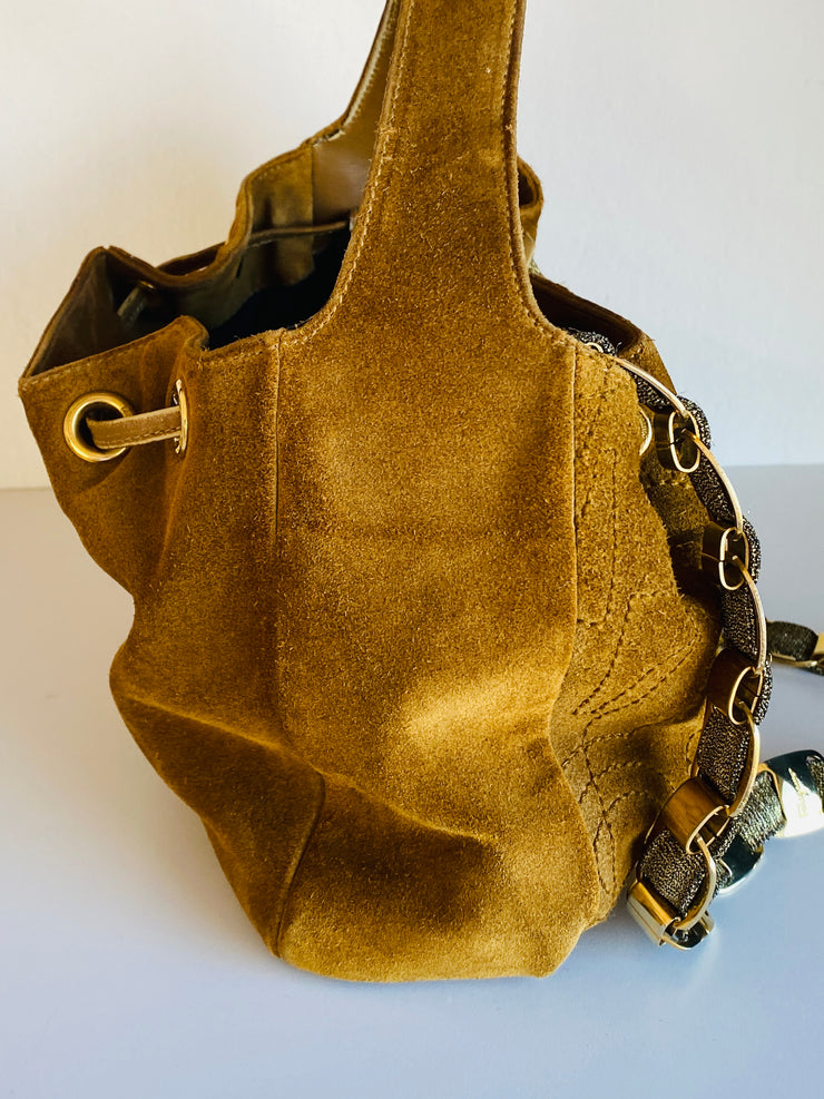 Ferragamo Golden Brown Suede Leather Handbag
