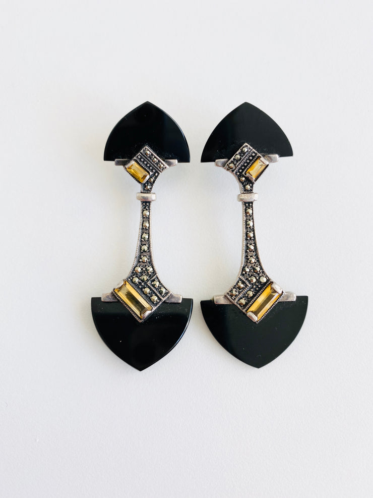 Onyx, Citrine, Silver Earrings