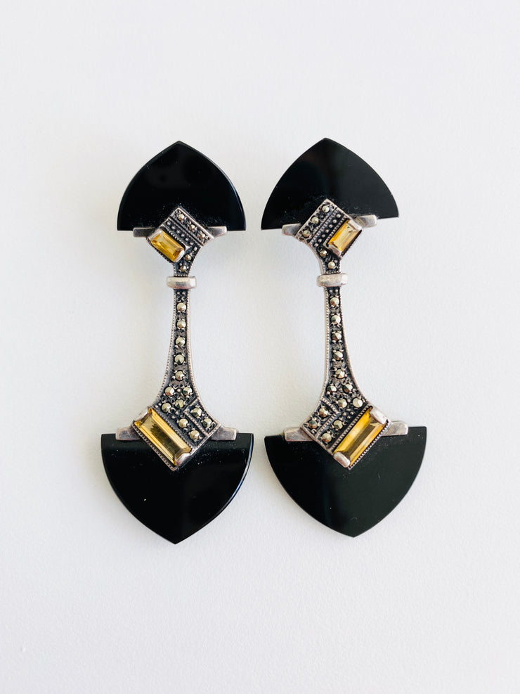 Onyx, Citrine, Silver Earrings