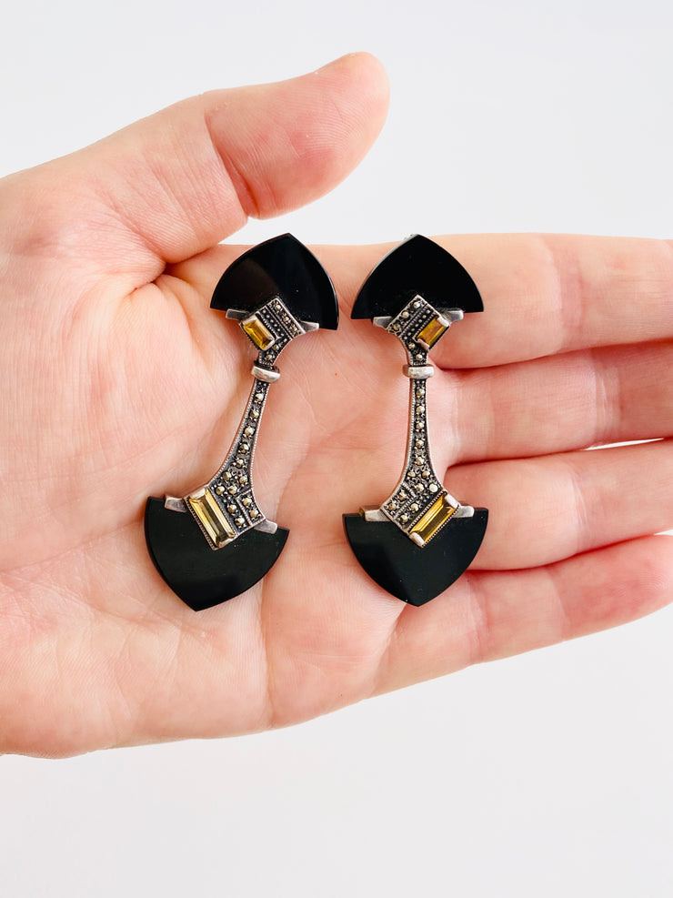 Onyx, Citrine, Silver Earrings