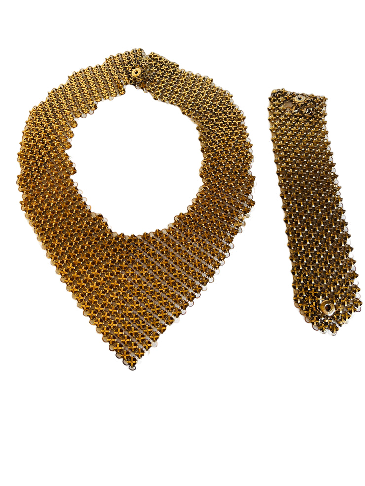 Gold Mesh Beaded Bib Choker Necklace & Bracelet Set
