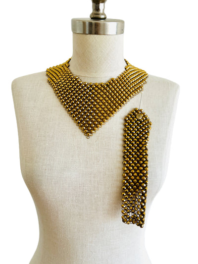 Gold Mesh Beaded Bib Choker Necklace & Bracelet Set