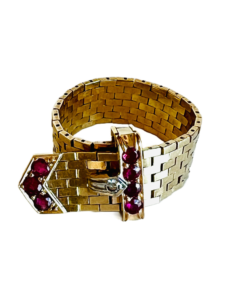 1940's Gold Platinum Mesh Ruby Diamond Buckle Ring