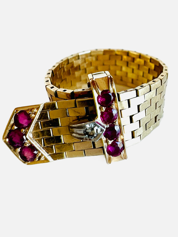 1940's Gold Platinum Mesh Ruby Diamond Buckle Ring