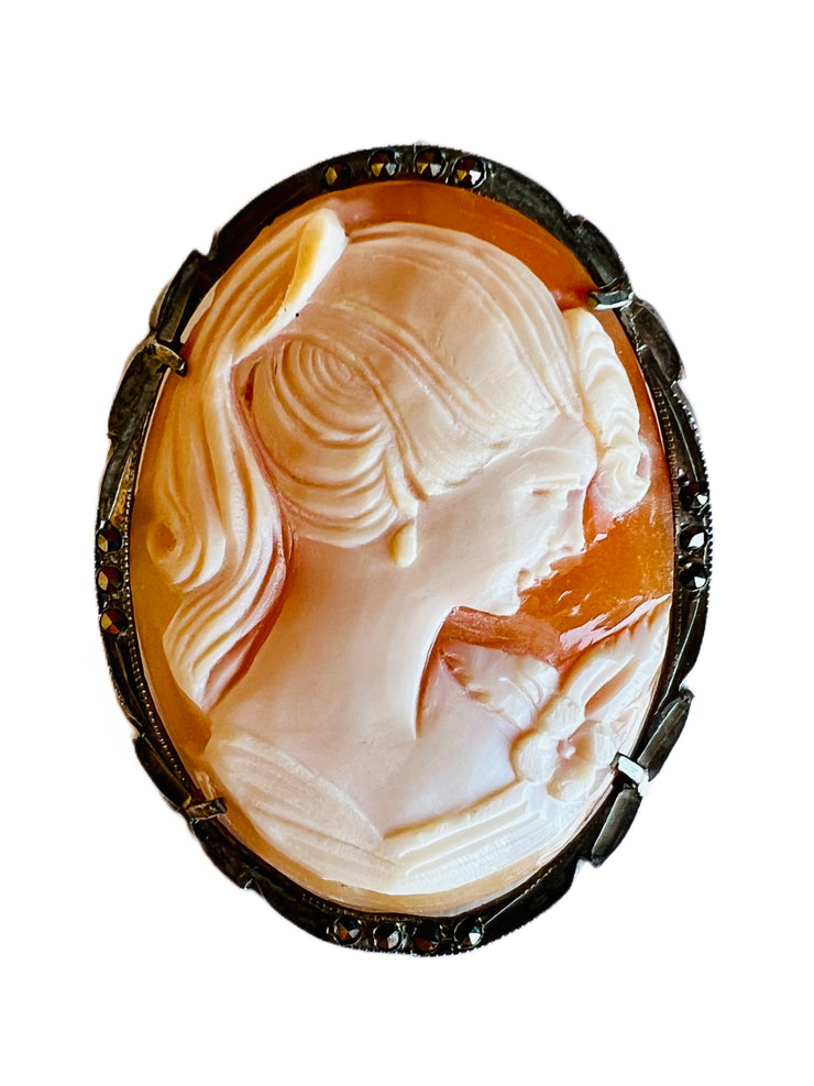 800 Silver Cameo Shell Marcasite Portrait Pendant Brooch