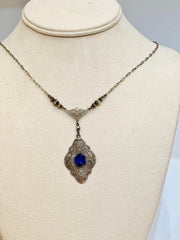Czech Blue Lavalier Pendant Sterling Silver Filigree Necklace