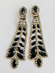 Long Black Navette Rhinestone Clip Earrings