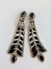 Long Black Navette Rhinestone Clip Earrings
